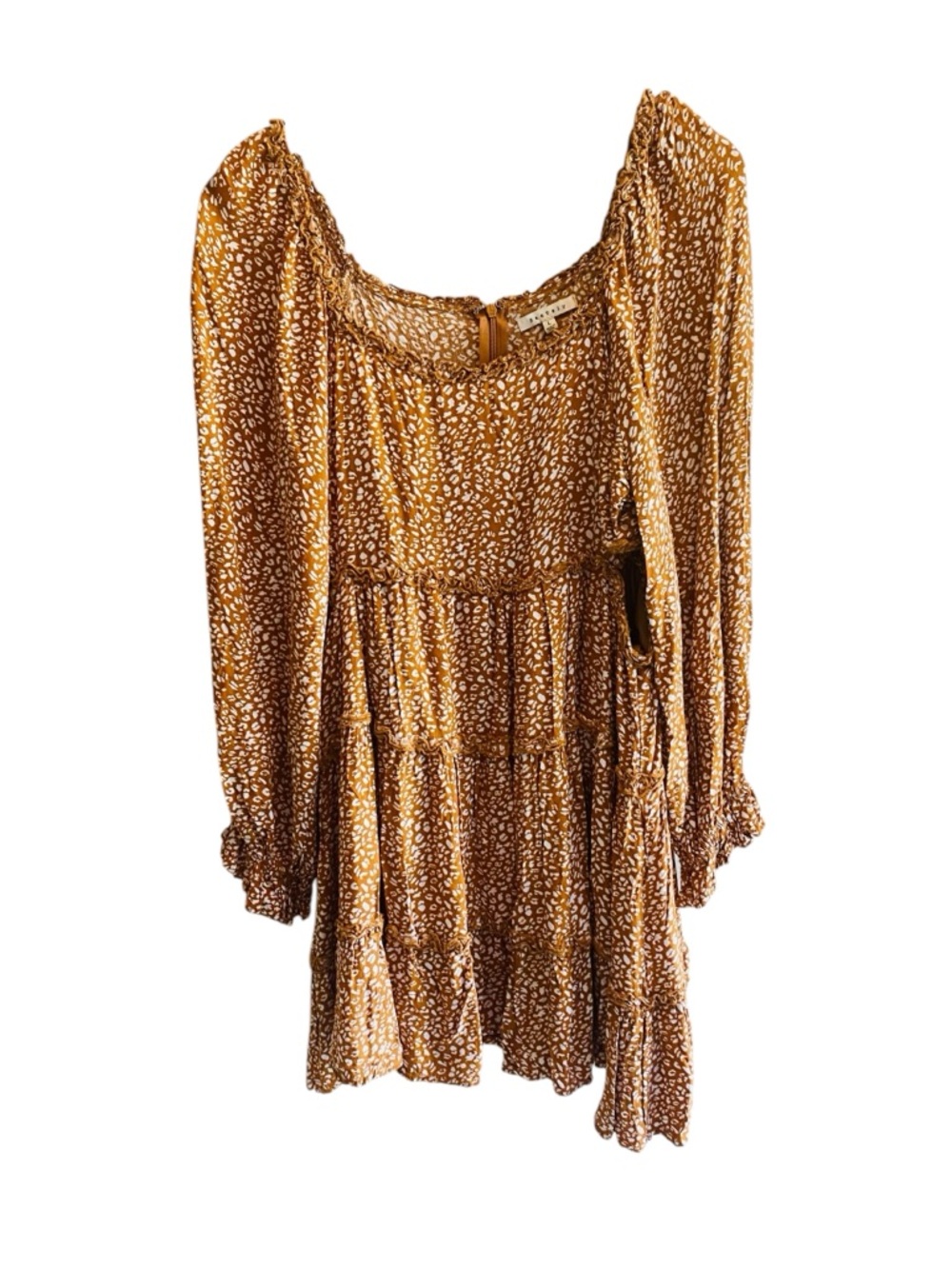 BAEVELY Brown Orange Long Sleeve Ruffle Skirt Side Cut Out Mini Dress Milkmaid - Picture 1 of 5